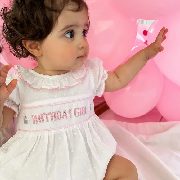White and Pink Birthday Girl Smocked Bubble Romper - Picture 3 of 5